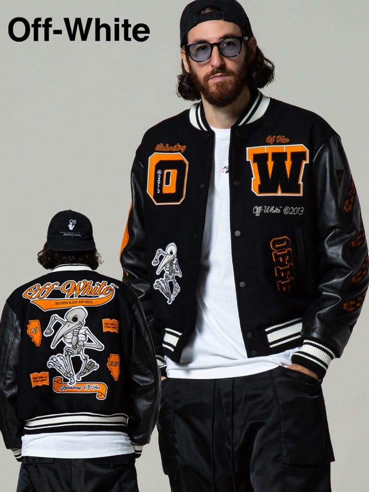 OFF-WHITE オフホワイト レザー ウール メルトン ワッペン 刺繍 スタジャン LEATHER VARSITY ブランド メンズ アウター ブルゾン OWJA59F21LEA001