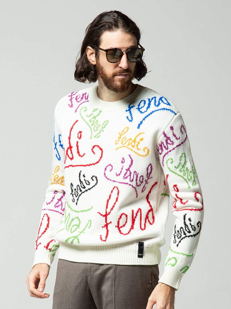 FENDI フェンディ マルチカラー ロゴ 総柄 クルーネック ニット プルオーバー ブランド メンズ トップス セーター ウール FDFZY463AH3E