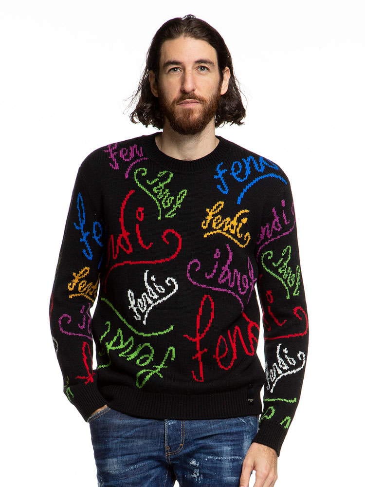 FENDI フェンディ マルチカラー ロゴ 総柄 クルーネック ニット プルオーバー ブランド メンズ トップス セーター ウール FDFZY463AH3E