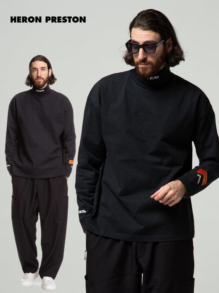 HERON PRESTON (ヘロンプレストン) 刺繍 ハイネック 長袖 Tシャツ LS ROLL NECK CTNMB HPAB20F21JER001