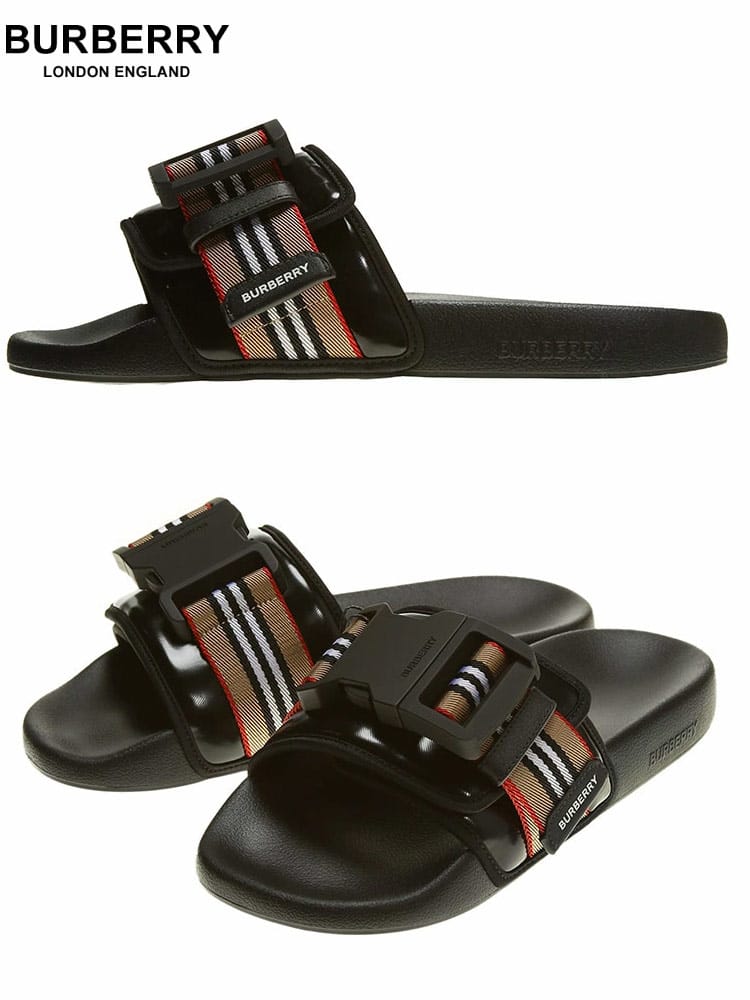 バーバリー メンズ サンダル BURBERRY ブランド ロゴ クリップベルト アイコンストライプ スライドサンダル 大きいサイズ 黒 BB8038946