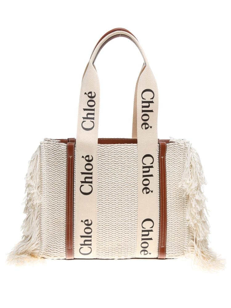 CHLOE (クロエ) ニット フリンジ Woody ミディアムトートバッグ 