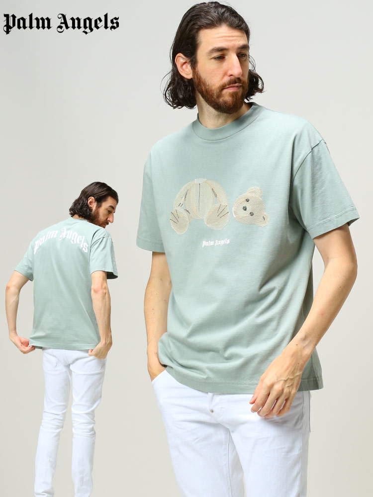 Palm Angels (パームエンジェルス) ブランド メンズ ベア 刺繍 バック ロゴ プリント クルーネック 半袖 Tシャツ BEAR PAAA001S22JER02