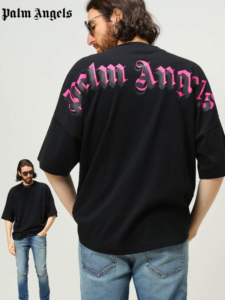 Palm Angels (パームエンジェルス) ブランド メンズ バック プリント クルーネック 半袖 Tシャツ DOUBLED LOGO PAAA002C99JER00