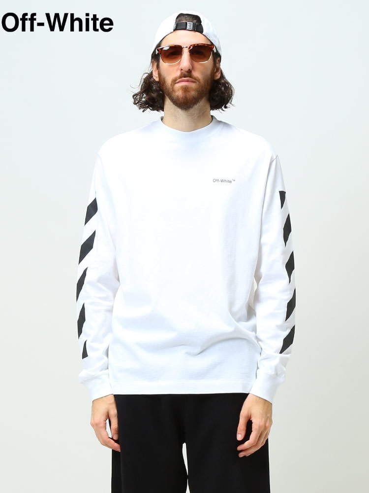 オフホワイト メンズ Tシャツ 長袖 OFF-WHITE ブランド トップス ロンT アームプリント プリントT ロゴ ロゴT クルーネック ストライプ 斜線 DIAG HELVETICA SKATE OWAB64C99JER001