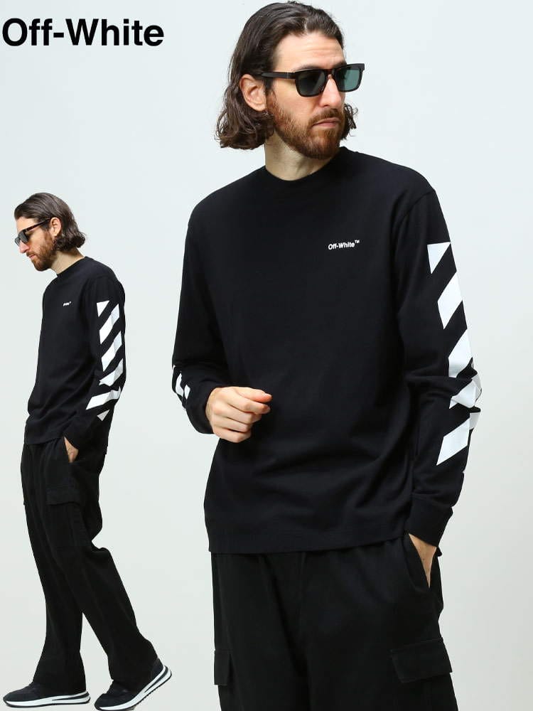 オフホワイト メンズ Tシャツ 長袖 OFF-WHITE ブランド トップス ロンT アームプリント プリントT ロゴ ロゴT クルーネック ストライプ 斜線 DIAG HELVETICA SKATE OWAB64C99JER001
