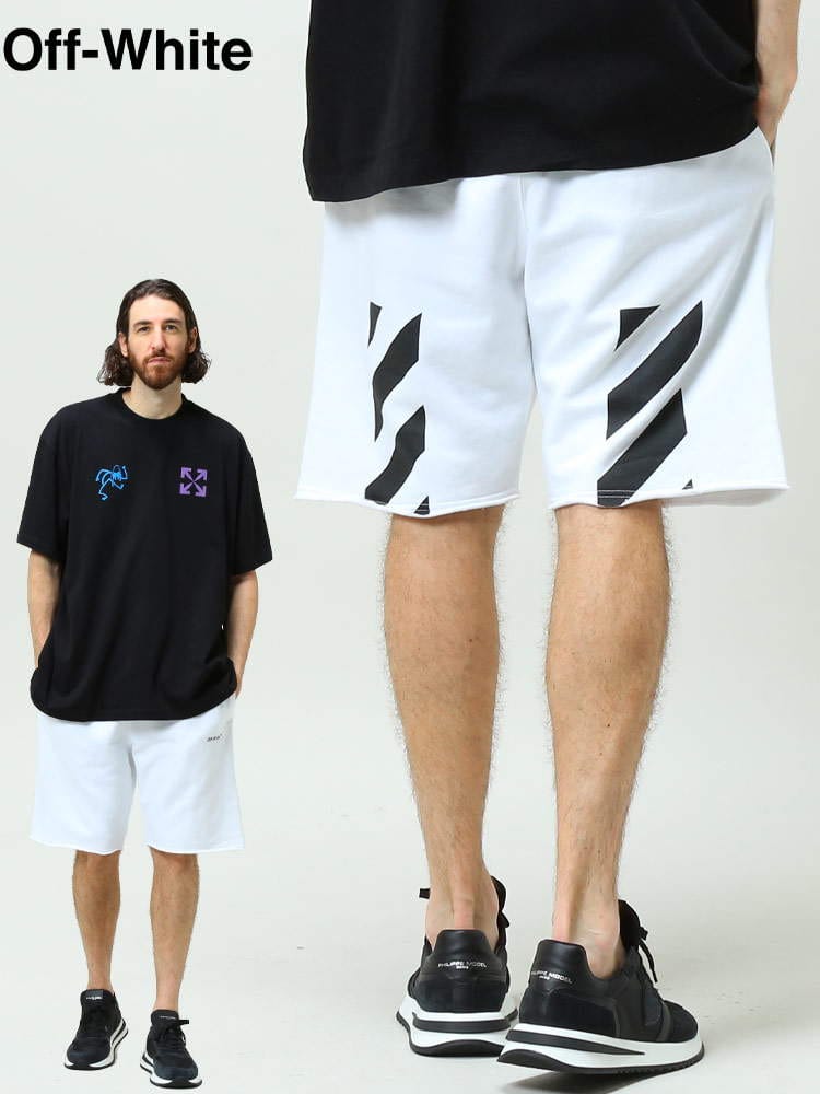 オフホワイト メンズ パンツ OFF-WHITE ブランド ハーフパンツ ショートパンツ ボトムス スウェットパンツ ショーツ プリント スウェット DIAG HELVETICA OWCI06C99FLE001