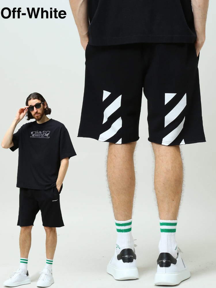 オフホワイト メンズ パンツ OFF-WHITE ブランド ハーフパンツ ショートパンツ ボトムス スウェットパンツ ショーツ プリント スウェット DIAG HELVETICA OWCI06C99FLE001