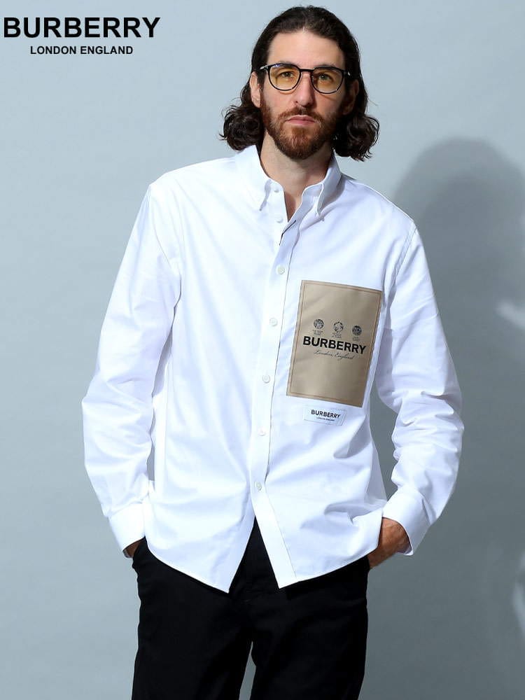 バーバリー メンズ シャツ BURBERRY ブランド 長袖シャツ トップス 長袖 ロゴ ラベルアップリケ オックスフォード オーバーサイズ 大きいサイズ BB8057135