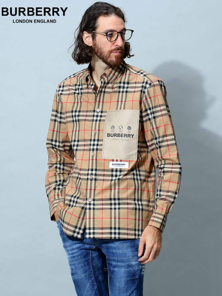 バーバリー メンズ シャツ BURBERRY ブランド 長袖シャツ チェックシャツ トップス 長袖 チェック ロゴ アップリケ コットンポプリン クラシックフィット 大きいサイズ BB8057461
