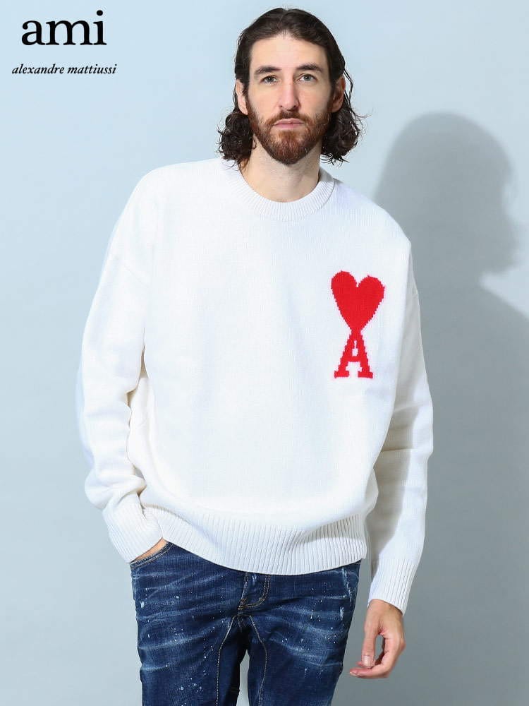 アミパリス メンズ ニット AMI PARIS ブランド トップス セーター プルオーバー ロゴ クルーネック AMI DE COEUR ユニセックス AMUKS002018