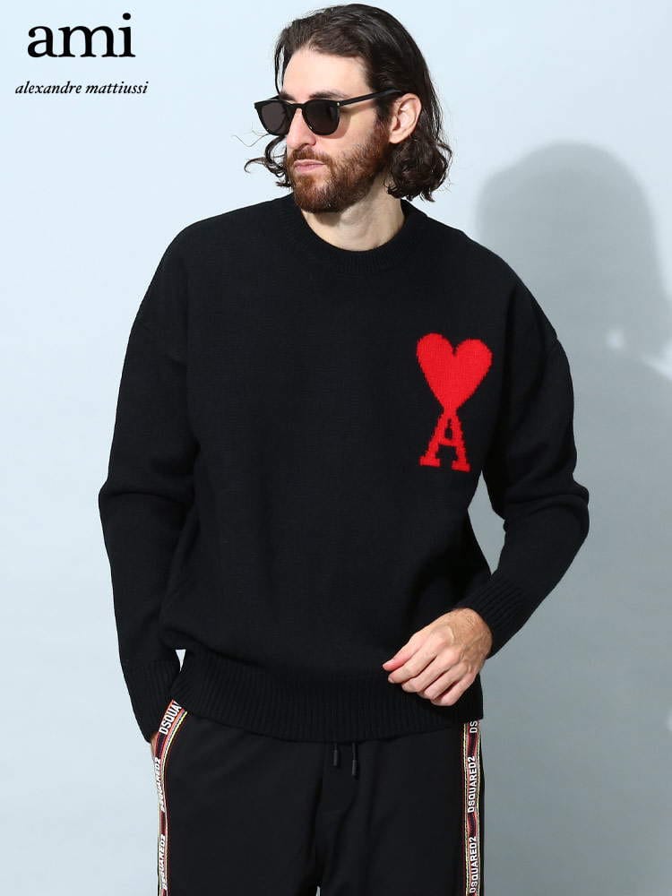 アミパリス メンズ ニット AMI PARIS ブランド トップス セーター プルオーバー ロゴ クルーネック AMI DE COEUR ユニセックス AMUKS002018