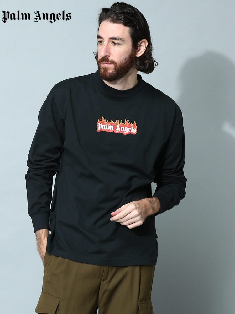 Palm Angels (パームエンジェルス) ロゴプリント クルーネック 長袖 Tシャツ BURNING LOGO PAAB002F22JER02