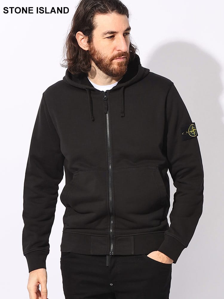 STONE ISLAND (ストーンアイランド) 裏毛 袖ロゴパッチ 無地 ポケット付き フルジップ パーカー スウェット メンズ