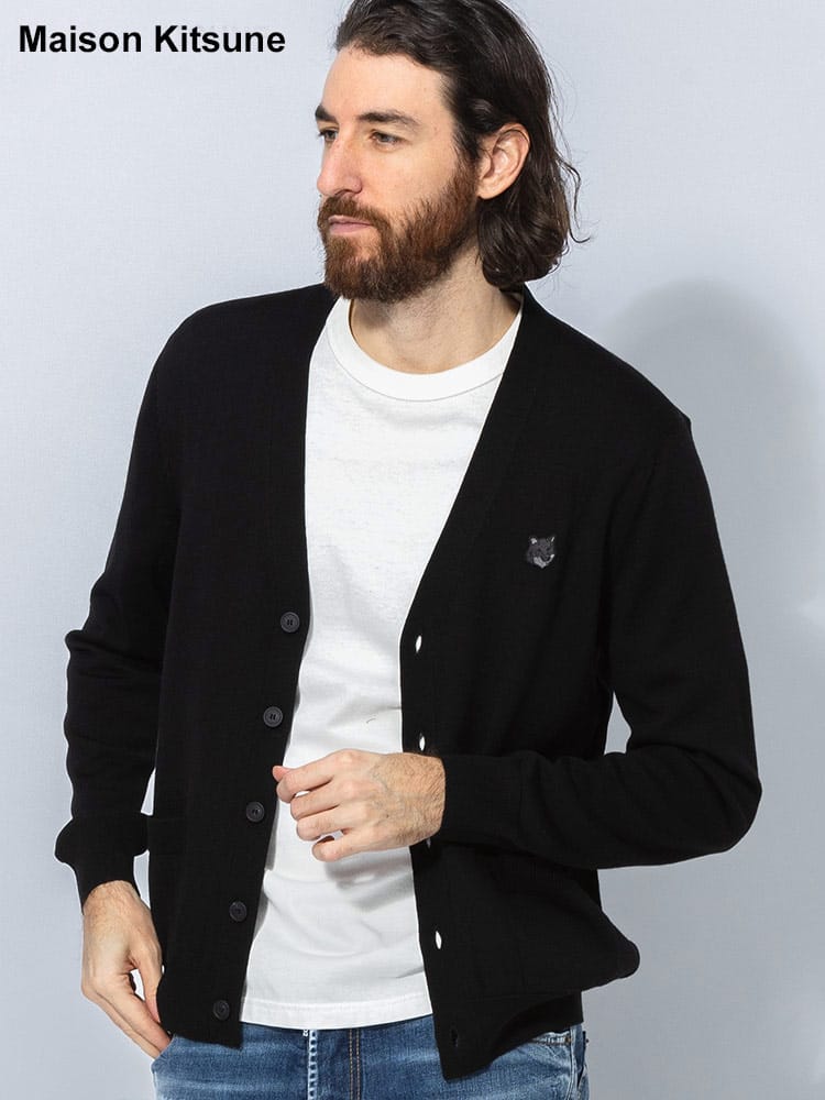 Maison Kitsune (メゾン キツネ) メリノウール 胸パッチ Vネック カーディガン KNMM00509KT1036 メンズ