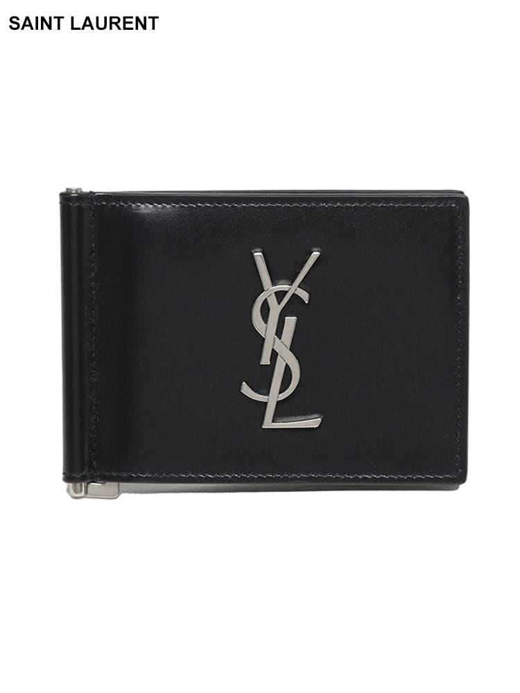 Saint Laurent (サンローラン) レザー メタルロゴ ビルクリップ 二つ折り財布 SL4856300SX0E メンズ