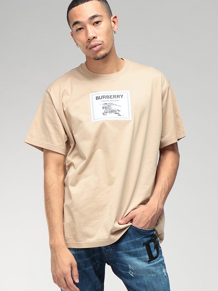 BURBERRY (バーバリー) フロント ロゴ ラベル プリント エクストリアン ナイト クルーネック 半袖 コットン Tシャツ BBB8068500 メンズ