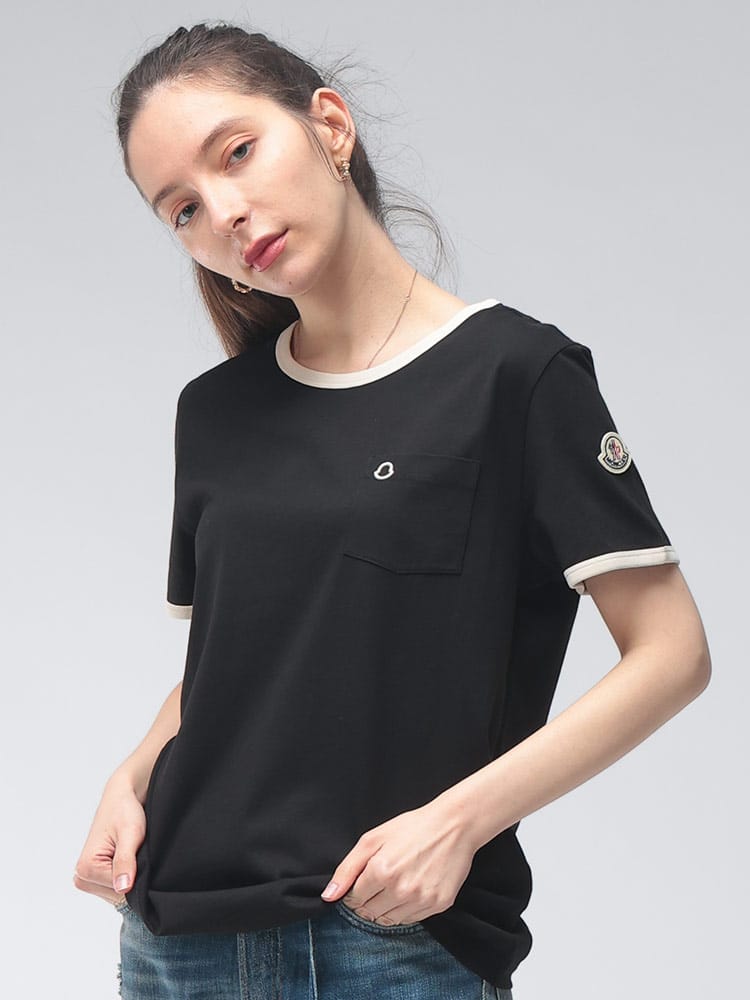 MONCLER (モンクレール) レディース Tシャツ 半袖 ロゴ ワンポイント ポケット クルーネック コットン カットソー リンガー Tシャツ MCL8C0001989AUO