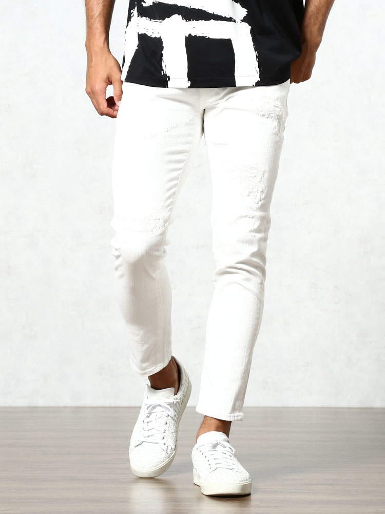 【当店独占販売】 1PIU1UGUALE3 RELAX (ウノ ピュ ウノ ウグァーレ トレ リラックス) ダメージ ジップフライ ホワイト ジーンズ JOG 1PRUSB21015
