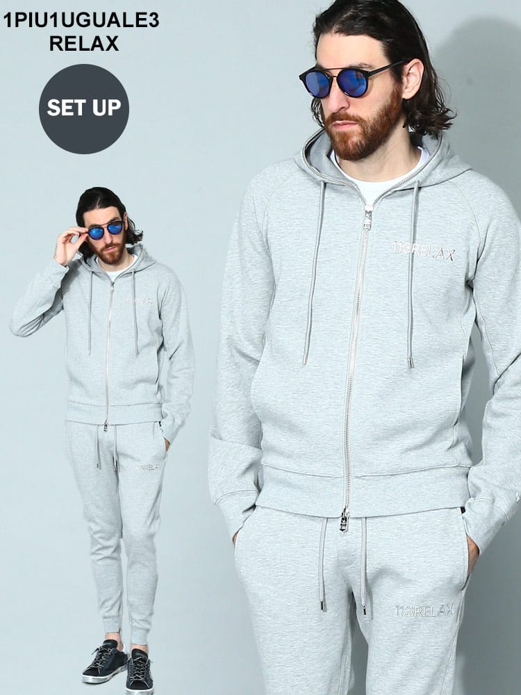 【当店独占販売】 1PIU1UGUALE3 RELAX (ウノ ピュ ウノ ウグァーレ トレ リラックス) メタリックロゴ ジップパーカー ロングパンツ セットアップ メンズ ブランド 1PRUSO22122SZ