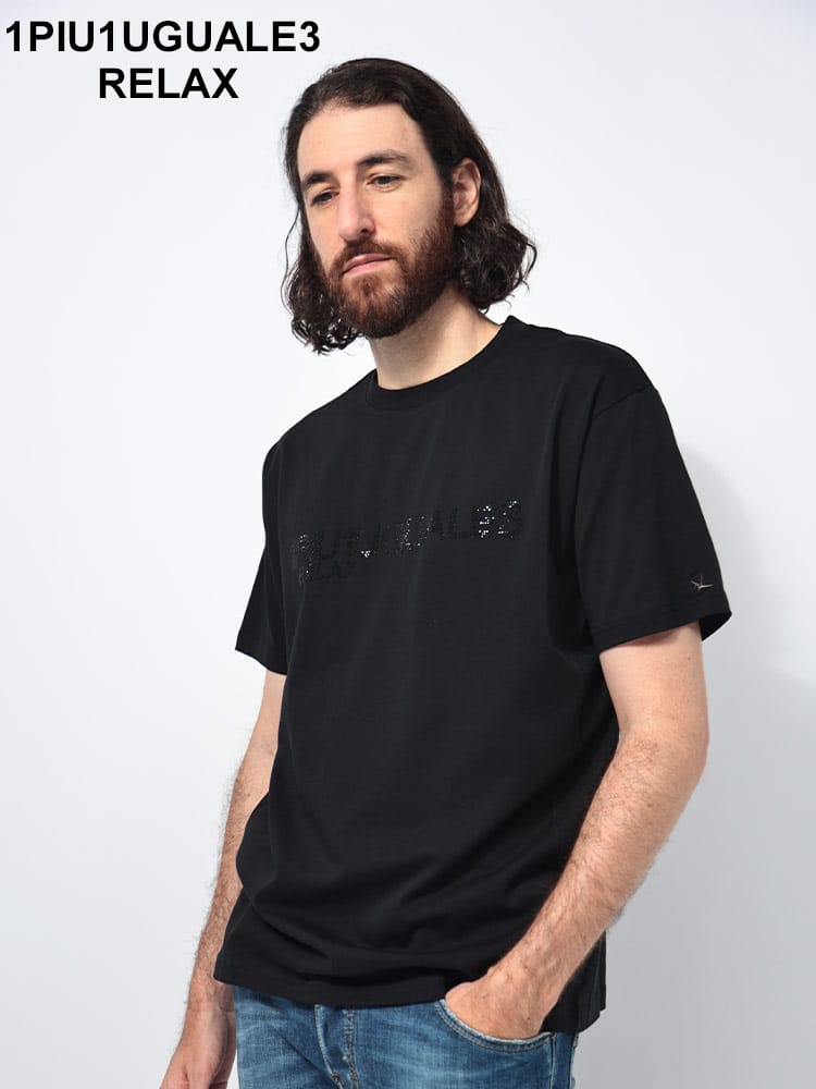 1PIU1UGUALE3 RELAX (ウノ ピュ ウノ ウグァーレ トレ リラックス) ラインストーンロゴ 無地＆迷彩 半袖Tシャツ ストレッチ 1PRUST24095SZ メンズ