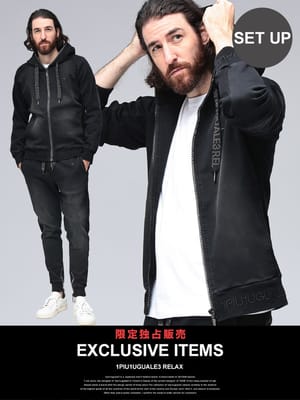 1PIU1UGUALE3 RELAX (ウノ ピュ ウノ ウグァーレ トレ リラックス) 別注 ジョグデニム ラインストーン フルジップパーカー スウェットパンツ セットアップ 1PRUSO25165SZ メンズ