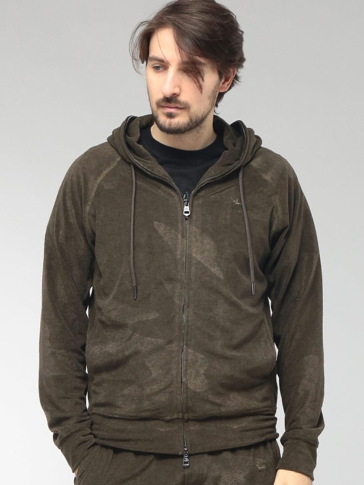 1PIU1UGUALE3 RELAX (ウノ ピュ ウノ ウグァーレ トレ リラックス) メンズ パーカー 長袖 パイル地 迷彩柄 フルジップ 1PRUSO26066