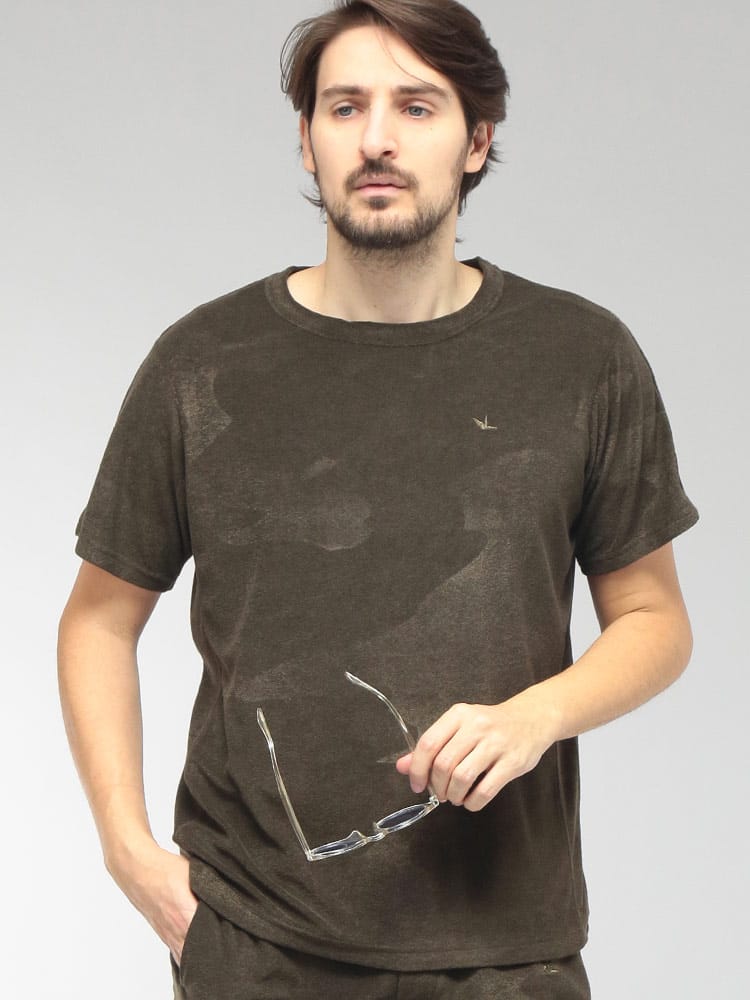 1PIU1UGUALE3 RELAX (ウノ ピュ ウノ ウグァーレ トレ リラックス) メンズ Tシャツ 半袖 パイル地 迷彩柄 クルーネック カットソー 1PRUST26073