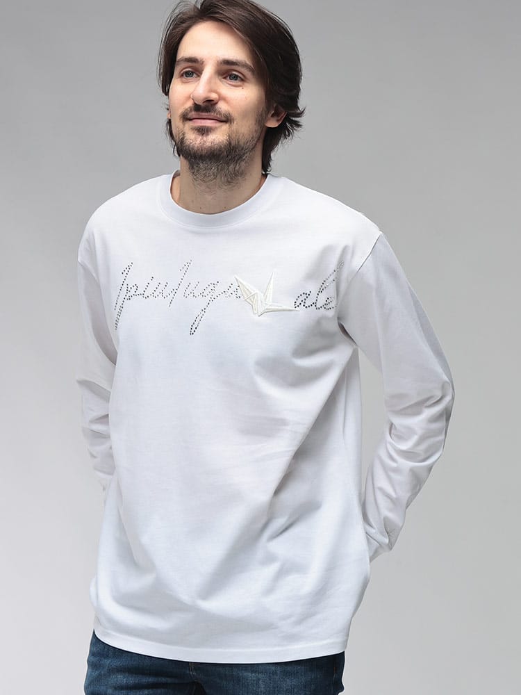 1PIU1UGUALE3 RELAX (ウノ ピュ ウノ ウグァーレ トレ リラックス) メンズ Tシャツ 長袖 別注 ビッグラインストーン カジュアルシャツ 1PRUST26186SZ