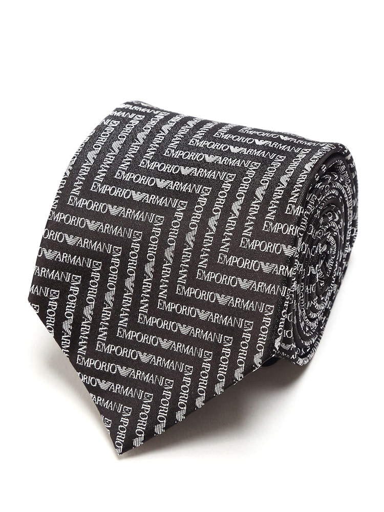 EMPORIO ARMANI (エンポリオアルマーニ) シルク100％ ジグザグロゴ ネクタイ BLACK×WHITE EA1P60402143