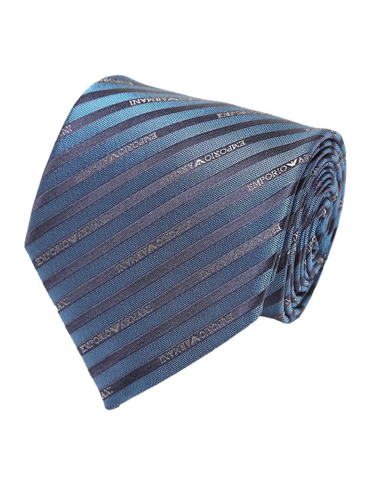 EMPORIO ARMANI (エンポリオアルマーニ) シルク100％ ロゴ細ストライプ ネクタイ BLUE EA1P60524434