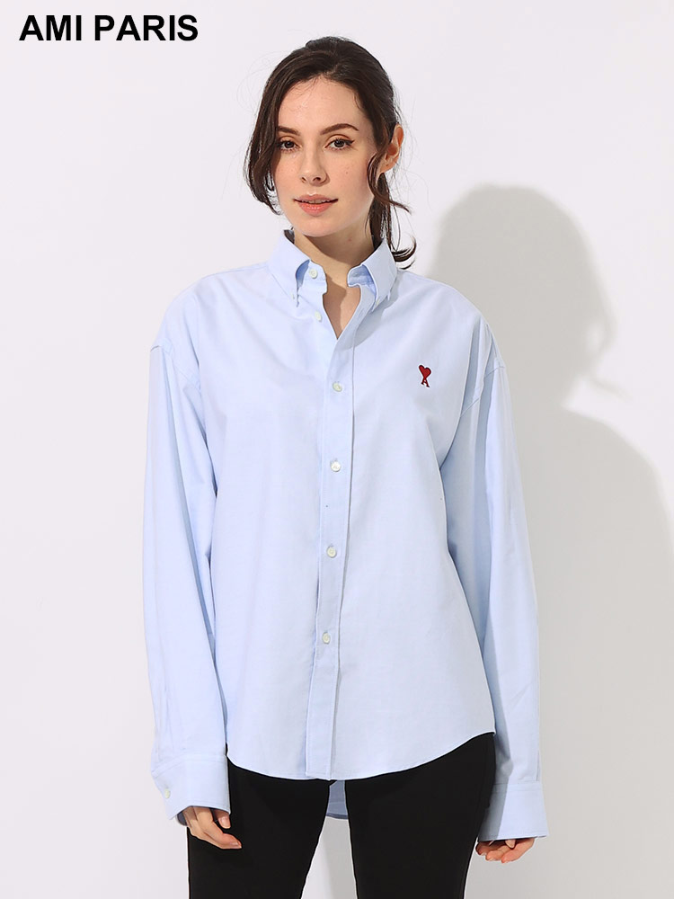 AMI PARIS (アミパリス) 綿100％ ロゴ刺繍 ボタンダウン 長袖 シャツ 