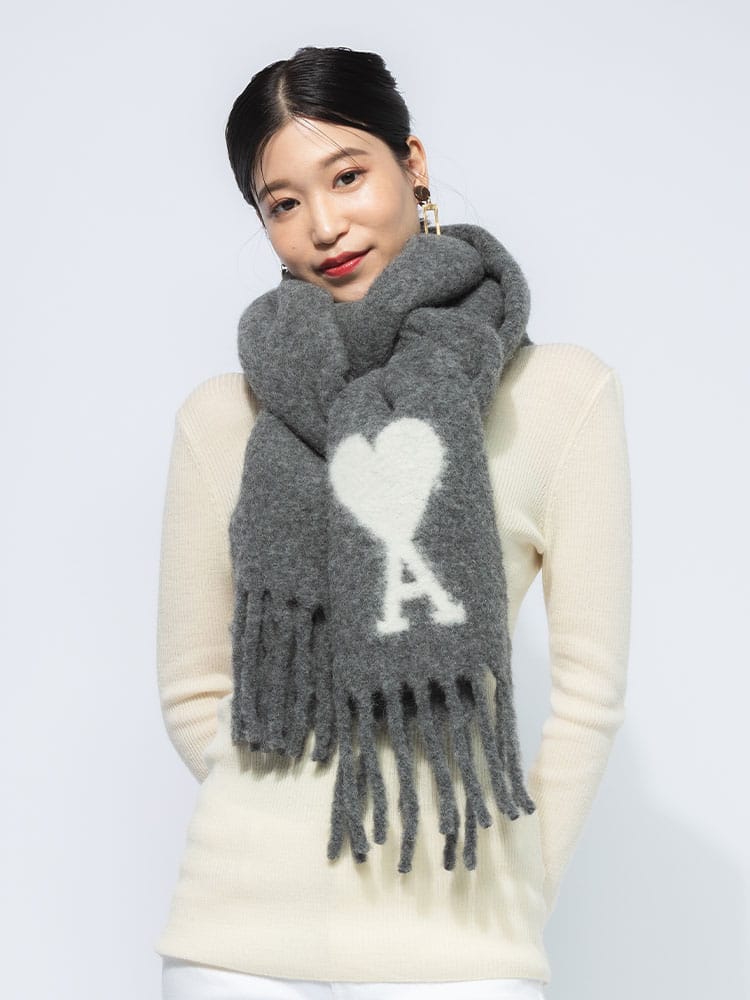 AMI PARIS (アミパリス ) アルパカウール ロゴ フリンジ ロングマフラー MLUSF422AW0054 レディース
