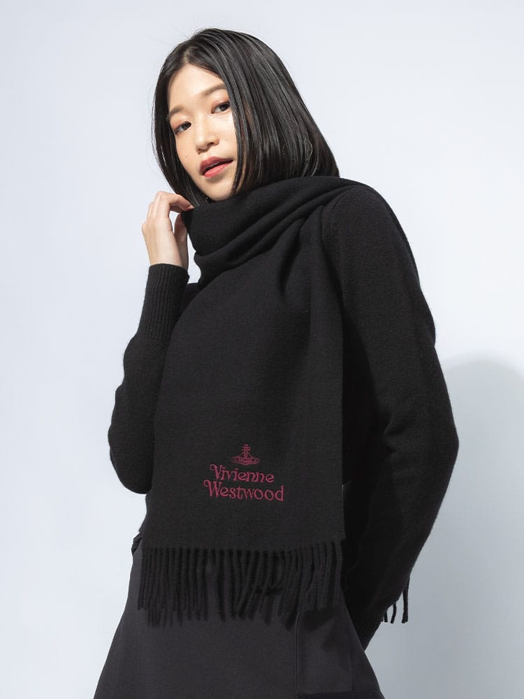 Vivienne Westwood (ヴィヴィアン・ウエストウッド) ウール100％ ロゴ刺繍 フリンジ マフラー VWW81030007 レディース