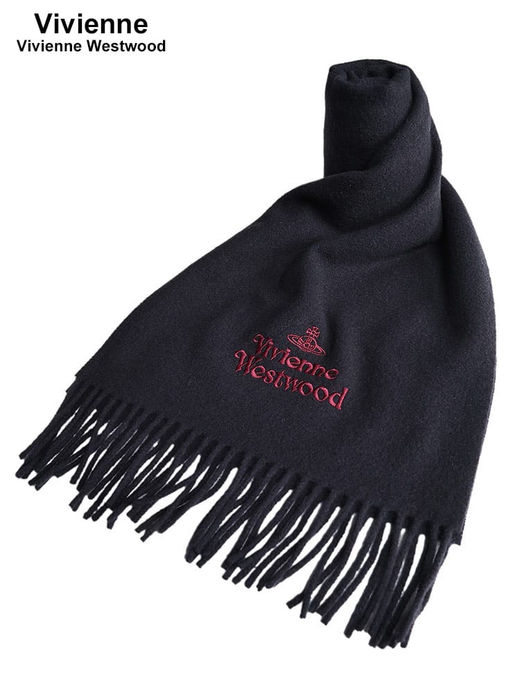Vivienne Westwood (ヴィヴィアン・ウエストウッド) ウール100％ ロゴ刺繍 フリンジ マフラー VWW81030007 レディース