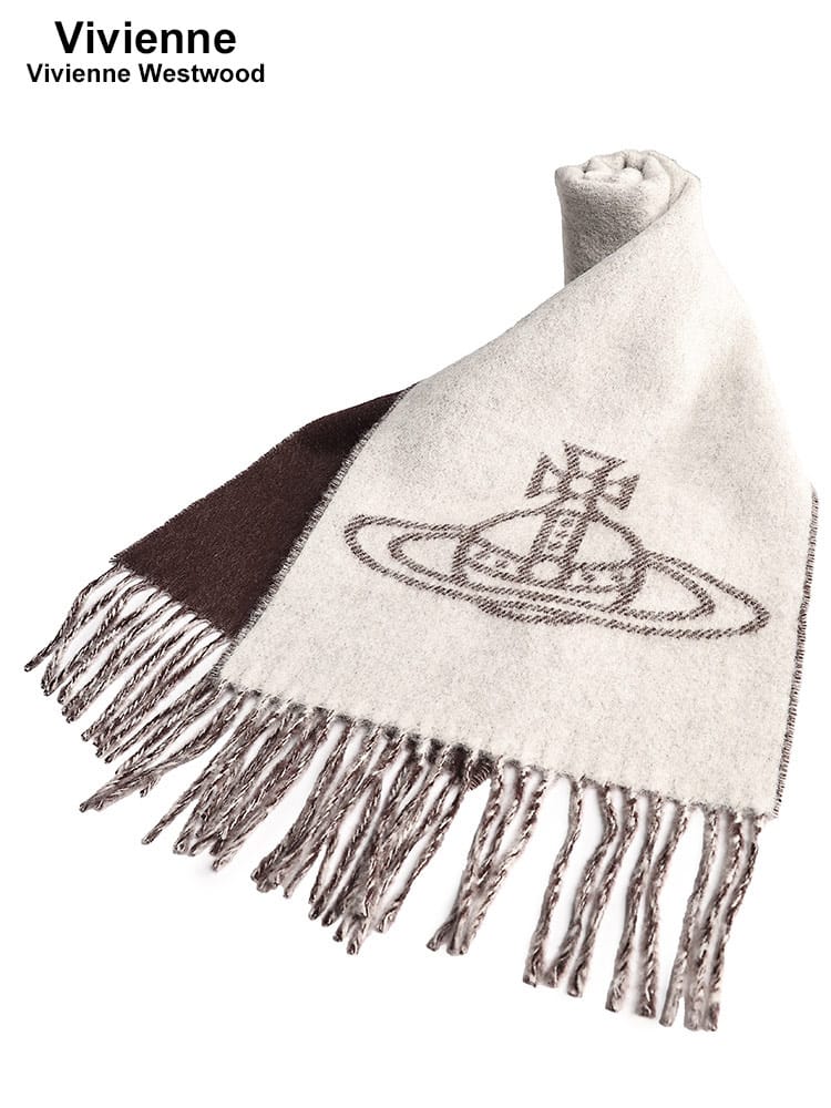 Vivienne Westwood (ヴィヴィアン・ウエストウッド) ウール100％ オーブプリント フリンジ マフラー VWW81030006 レディース