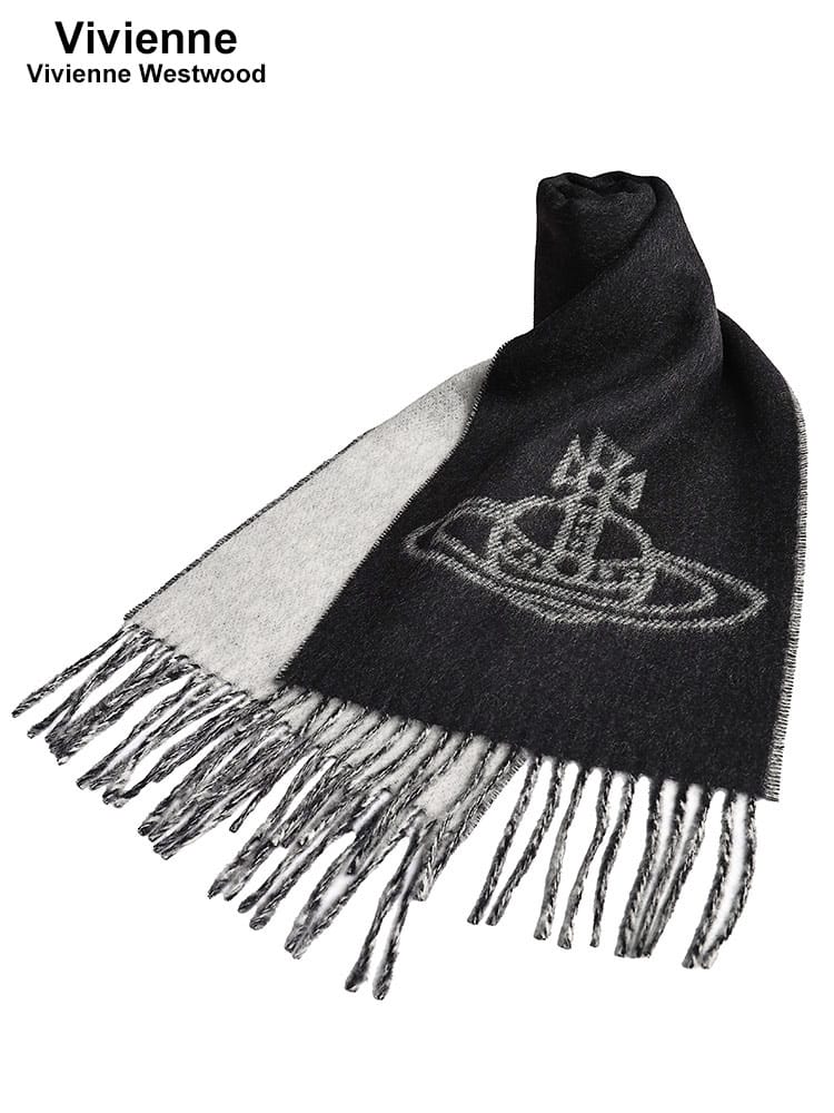 Vivienne Westwood (ヴィヴィアン・ウエストウッド) ウール100％ オーブプリント フリンジ マフラー VWW81030006 レディース