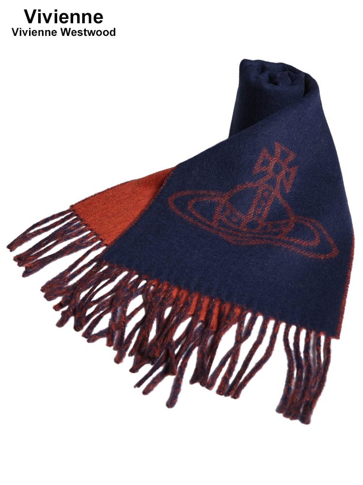 Vivienne Westwood (ヴィヴィアン・ウエストウッド) ウール100％ オーブプリント フリンジ マフラー VWW81030006 レディース