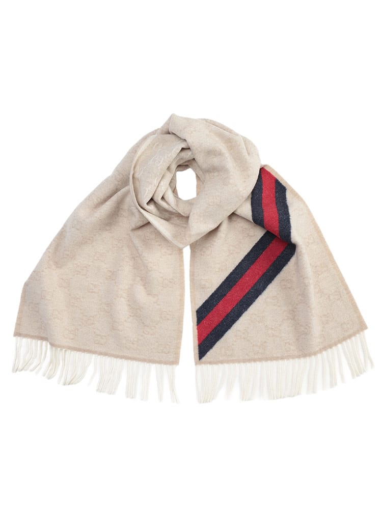 GUCCI (グッチ) メンズ マフラー ウール100％ GG柄 ウェビングライン フリンジ マフラー GC570603