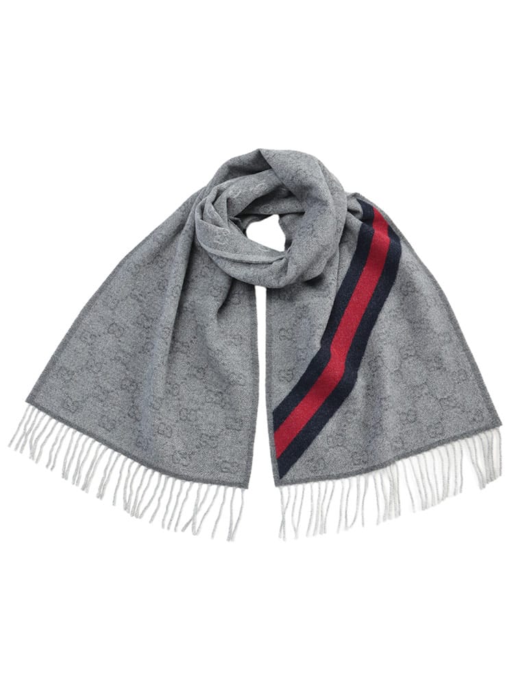 GUCCI (グッチ) メンズ マフラー ウール100％ GG柄 ウェビングライン フリンジ マフラー GC570603