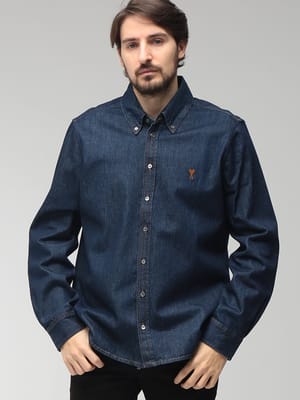 AMI PARIS (アミパリス) メンズ シャツ 長袖 ロゴ インディゴ ボタンダウン デニム シャツ Ami de Coeur AMUSH786DE0123
