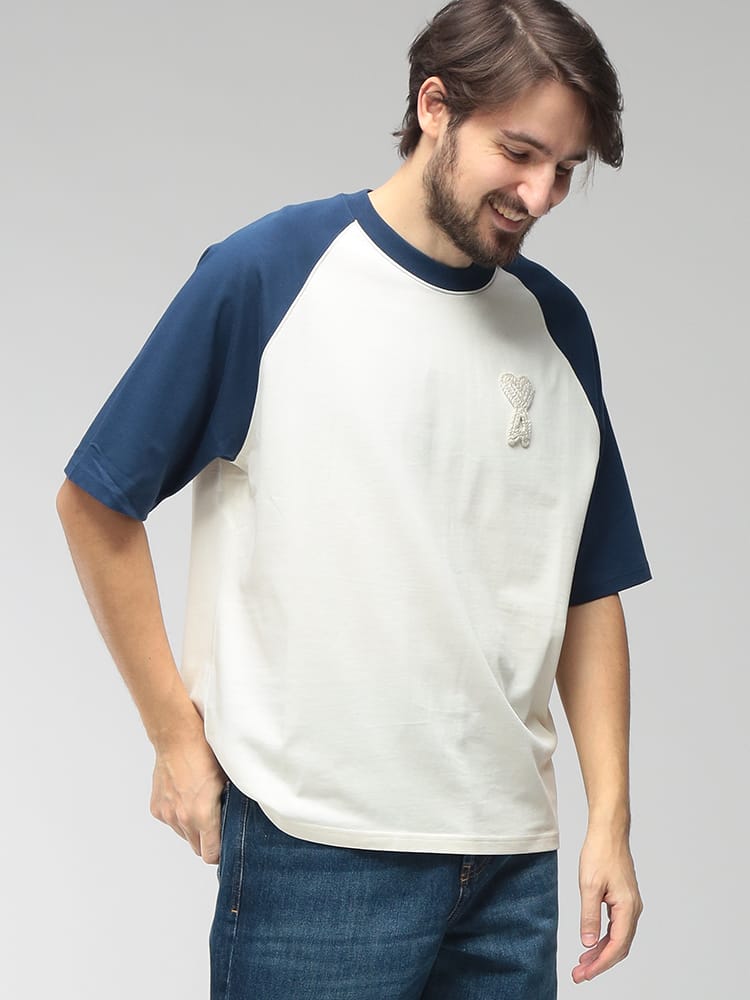 AMI PARIS (アミパリス) メンズ Tシャツ 半袖 ロゴ ニットパッチ クルーネック ラグランスリーブ カットソー Ami de Coeur AMUTS379726