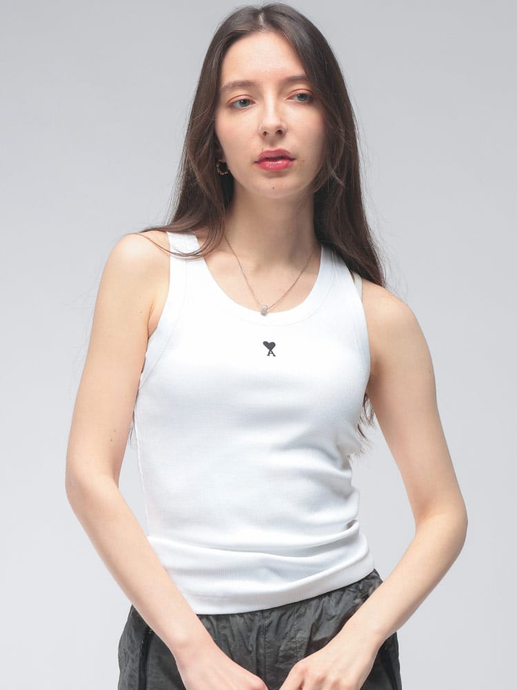 AMI PARIS (アミパリス) レディース タンクトップ ロゴ ワンポイント Uネック ノースリーブ リブ タンク Ami de Coeur AMLFTP811JE0117