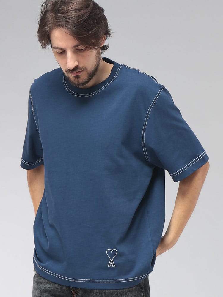 AMI PARIS (アミパリス) メンズ Tシャツ 半袖 コントラストカラー ワンポイント クルーネック カットソー AMHTS394726