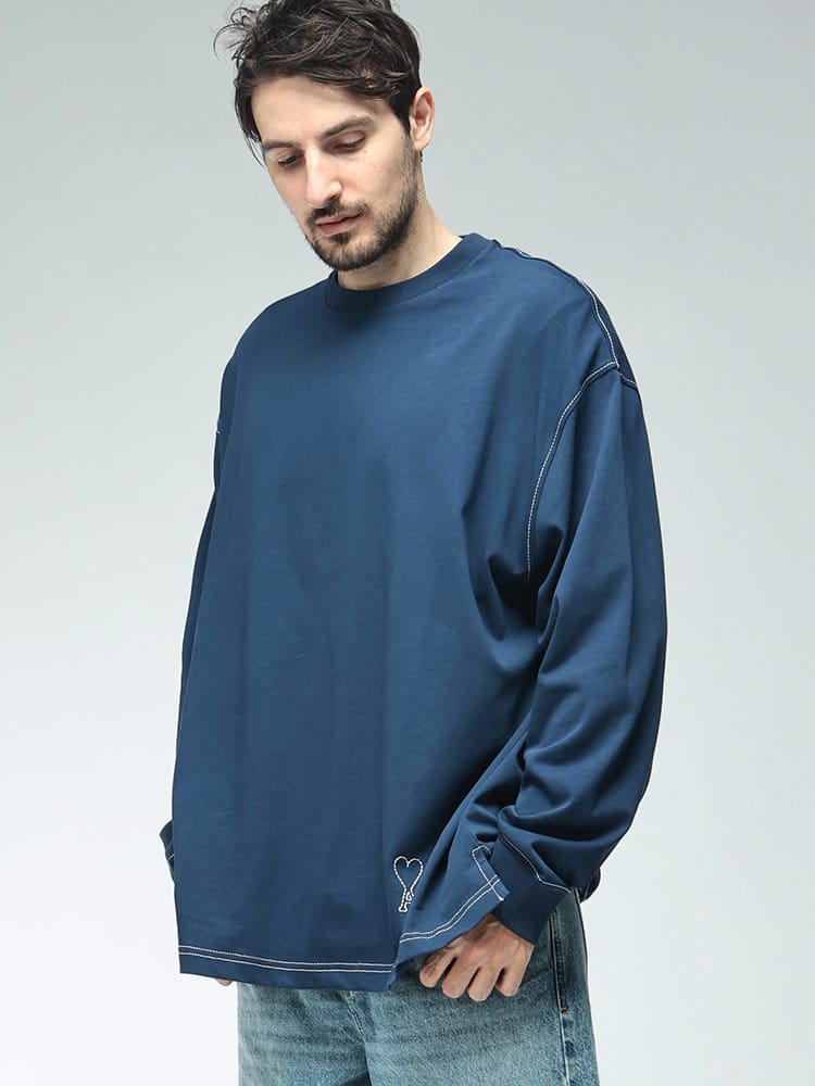 AMI PARIS (アミパリス) メンズ Tシャツ 長袖 コットン コントラスト 