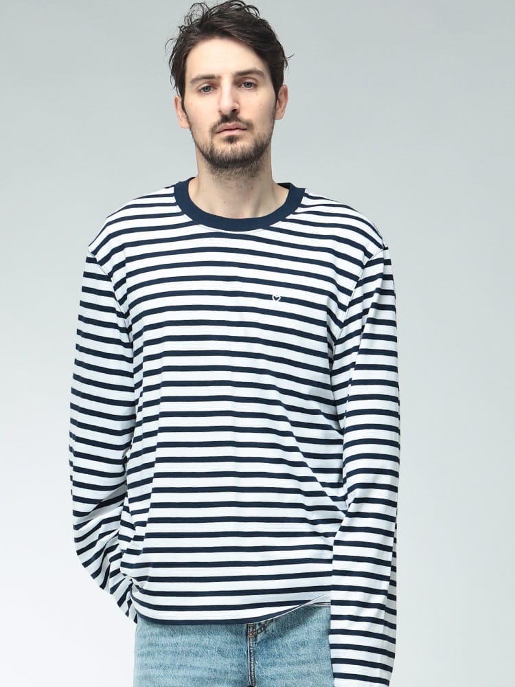 AMI PARIS (アミパリス) メンズ Tシャツ 長袖 コットン  マリンボーダー ロゴ刺繍 クルーネック カットソー AMUTS375JE0210