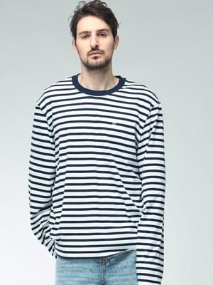 AMI PARIS (アミパリス) メンズ Tシャツ 長袖 コットン  マリンボーダー ロゴ刺繍 クルーネック カットソー AMUTS375JE0210