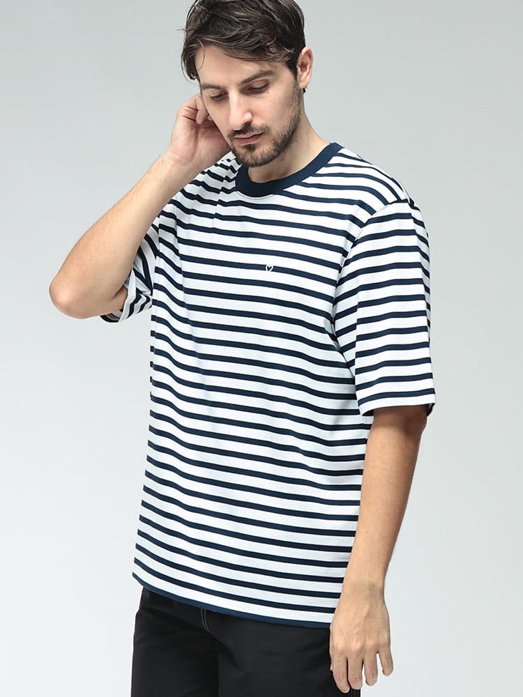 AMI PARIS (アミパリス) メンズ Tシャツ 半袖 コットン  マリンボーダー ロゴ刺繍 クルーネック カットソー AMUTS374JE0210