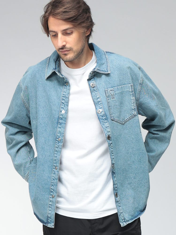 AMI PARIS (アミパリス) メンズ オーバーシャツ デニム シャツ ジャケット ボタン ユーズド加工 Ami de Coeur AMUJK918DE0046