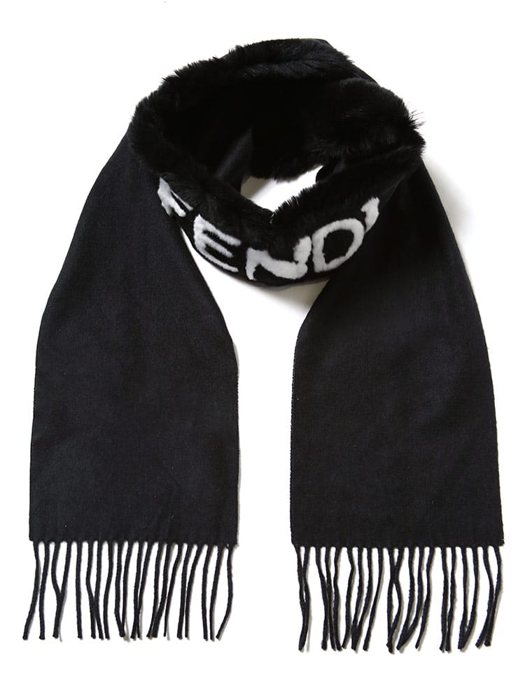 FENDI (フェンディ) シルク カシミヤ ロゴデザイン ファー フリンジ マフラー FDLFXS358A45A
